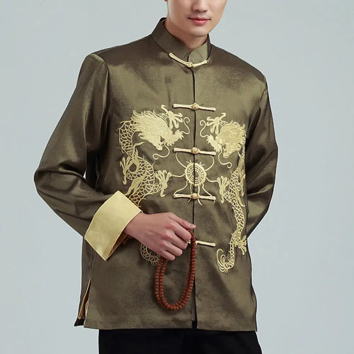 Buddha Stones Embroider Dragon Turned Sleeves Casual Frog-button Polyester Fiber Men’s Jacket Shirt Pants Clothing