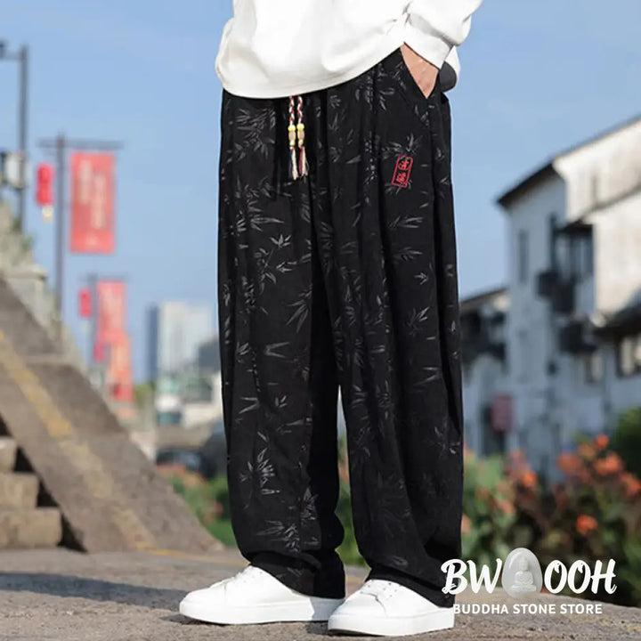 Buddha Stones Embroider Leaves Casual Cotton Men’s Pants With Pockets - Men’s Pants