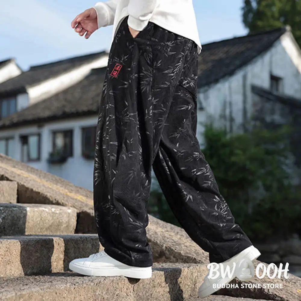 Buddha Stones Embroider Leaves Casual Cotton Men’s Pants With Pockets - Men’s Pants