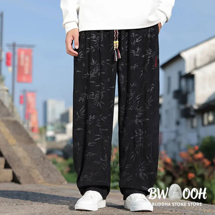 Buddha Stones Embroider Leaves Casual Cotton Men’s Pants With Pockets - Men’s Pants