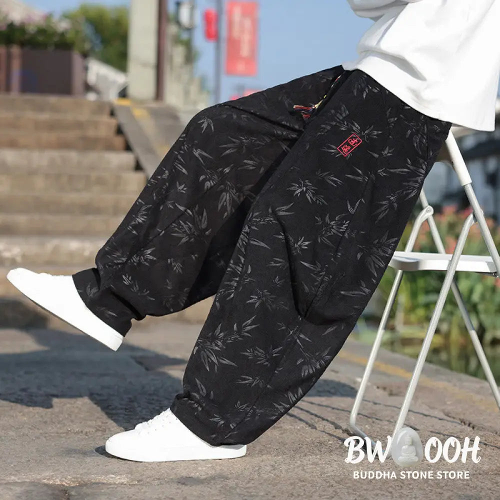 Buddha Stones Embroider Leaves Casual Cotton Men’s Pants With Pockets - Men’s Pants