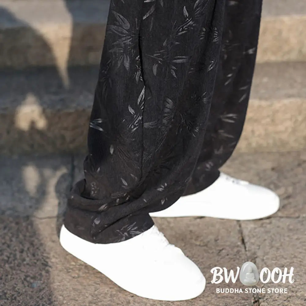 Buddha Stones Embroider Leaves Casual Cotton Men’s Pants With Pockets - Men’s Pants