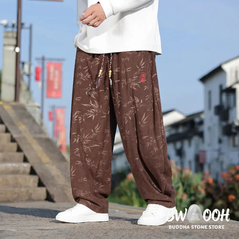 Buddha Stones Embroider Leaves Casual Cotton Men’s Pants With Pockets - Men’s Pants