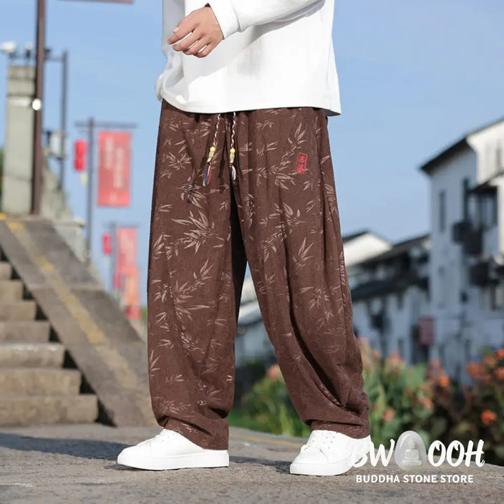 Buddha Stones Embroider Leaves Casual Cotton Men’s Pants With Pockets - Men’s Pants