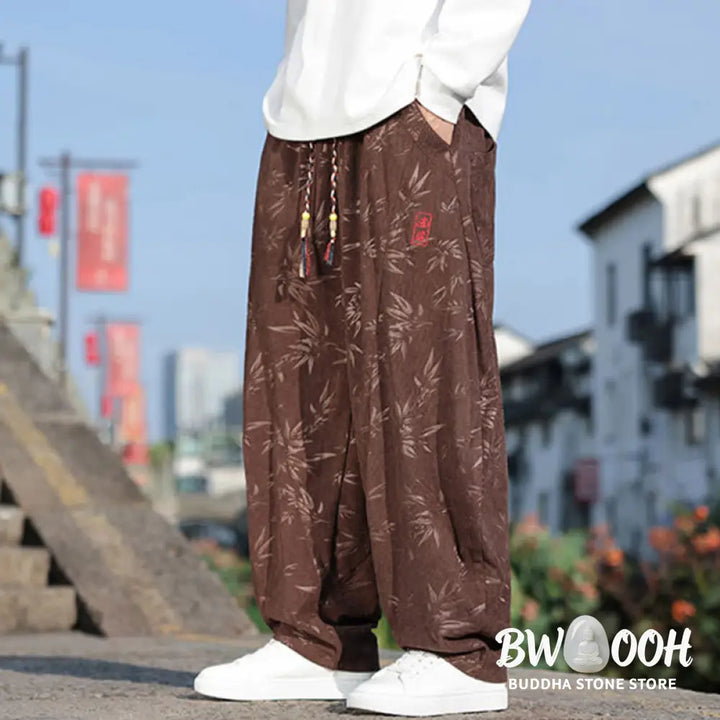 Buddha Stones Embroider Leaves Casual Cotton Men’s Pants With Pockets - Men’s Pants