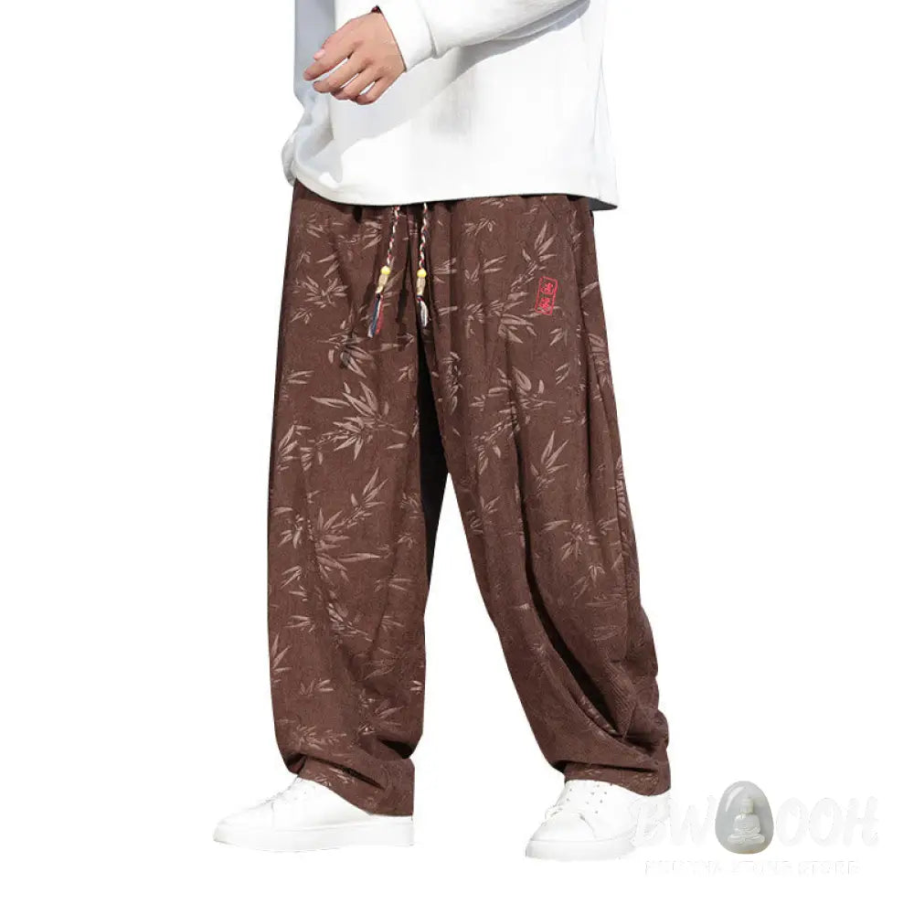 Buddha Stones Embroider Leaves Casual Cotton Men’s Pants With Pockets - Men’s Pants
