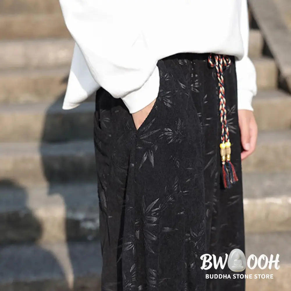 Buddha Stones Embroider Leaves Casual Cotton Men’s Pants With Pockets - Men’s Pants