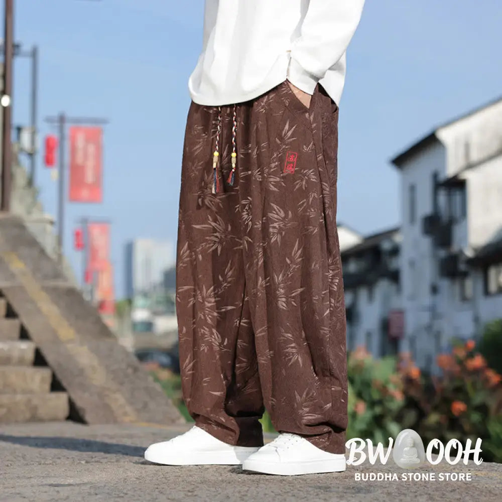 Buddha Stones Embroider Leaves Casual Cotton Men’s Pants With Pockets - Men’s Pants