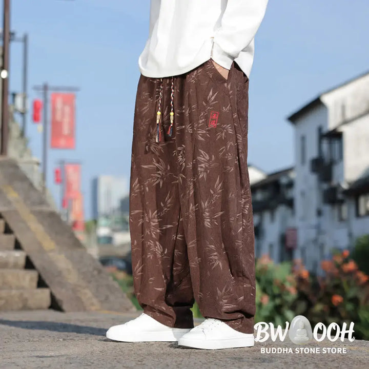 Buddha Stones Embroider Leaves Casual Cotton Men’s Pants With Pockets - Men’s Pants
