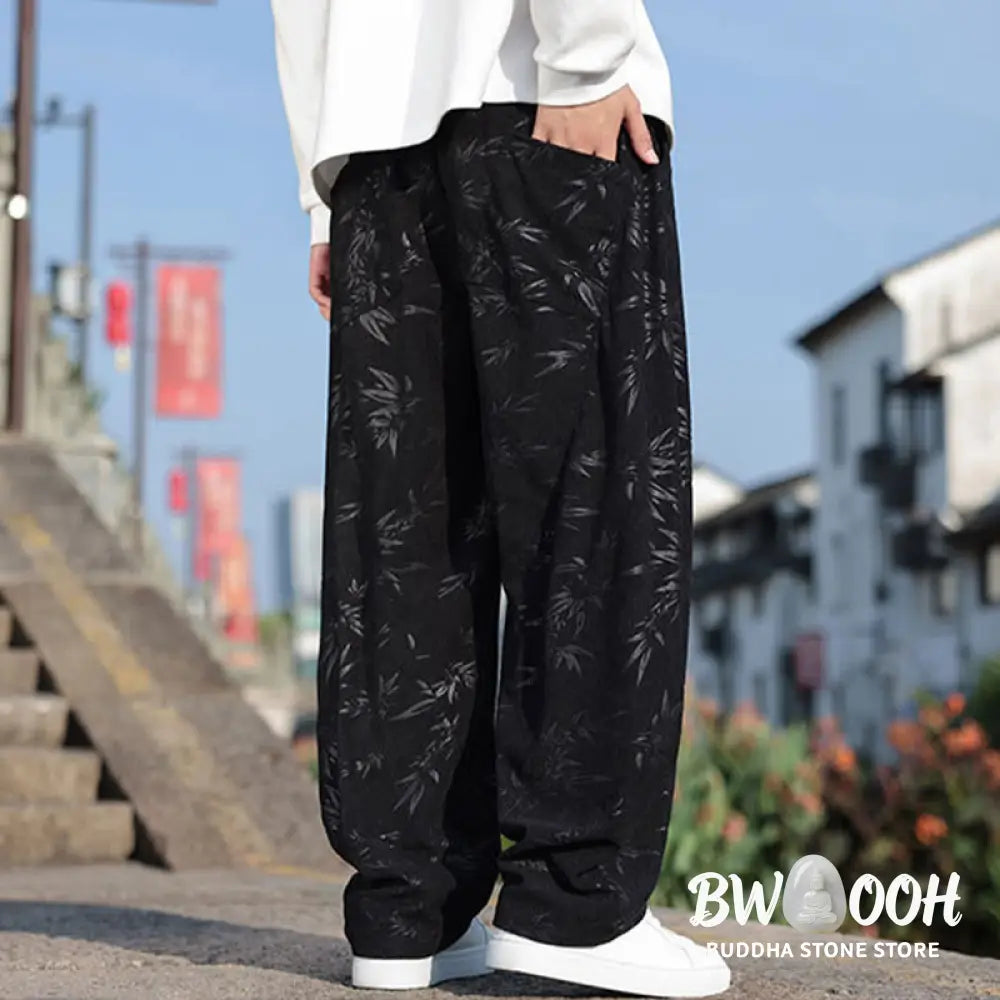 Buddha Stones Embroider Leaves Casual Cotton Men’s Pants With Pockets - Men’s Pants