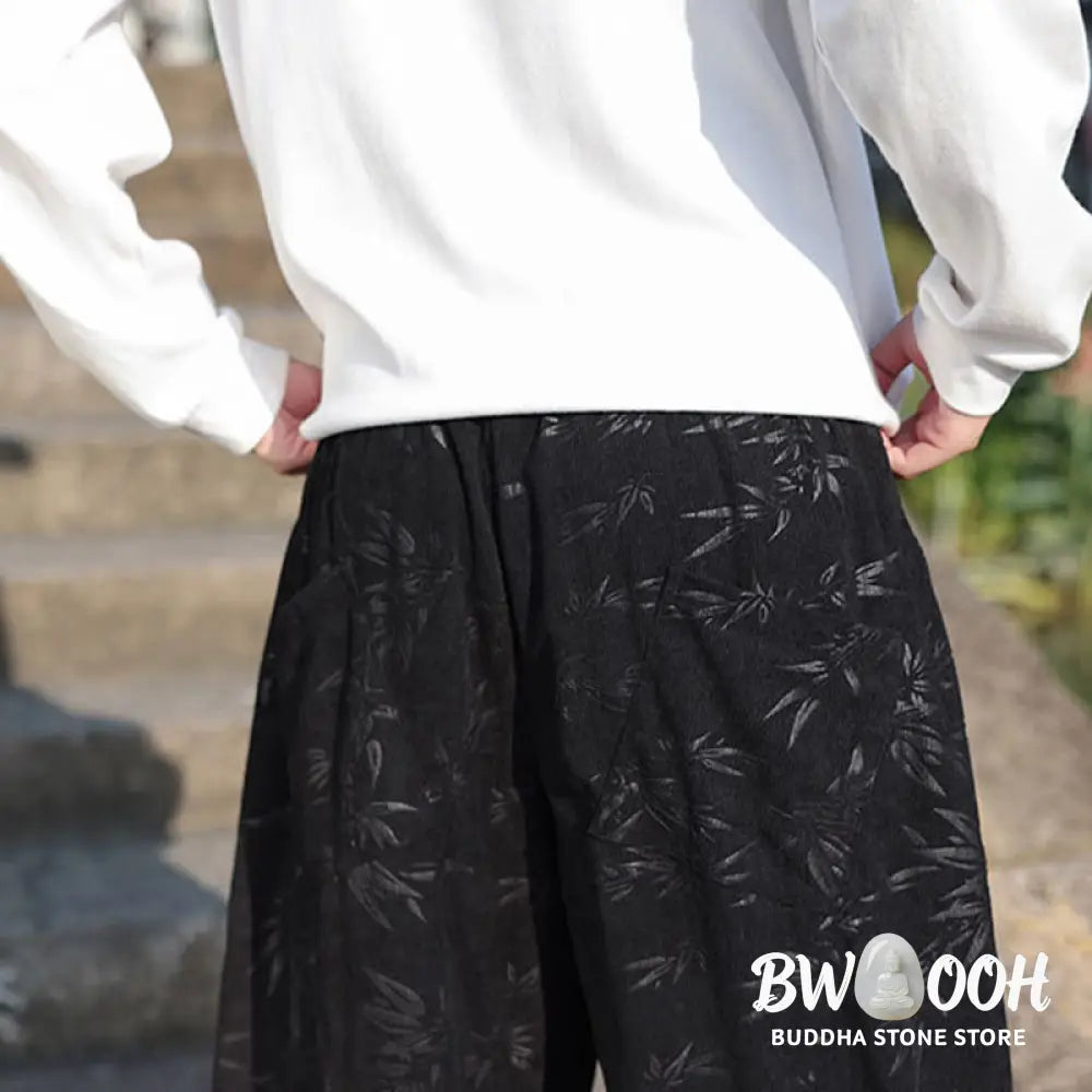Buddha Stones Embroider Leaves Casual Cotton Men’s Pants With Pockets - Men’s Pants