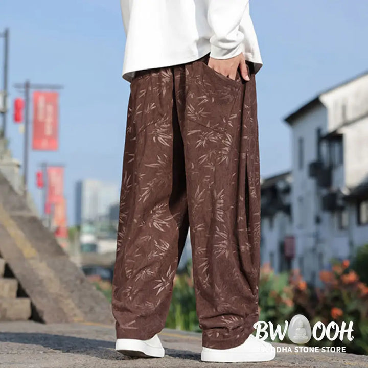 Buddha Stones Embroider Leaves Casual Cotton Men’s Pants With Pockets - Men’s Pants