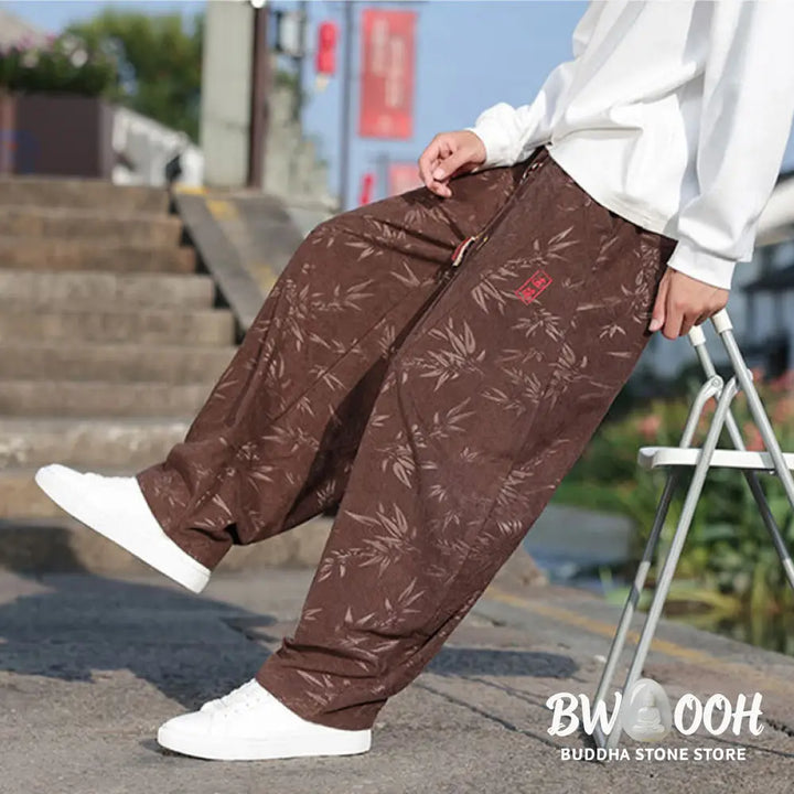 Buddha Stones Embroider Leaves Casual Cotton Men’s Pants With Pockets - Men’s Pants