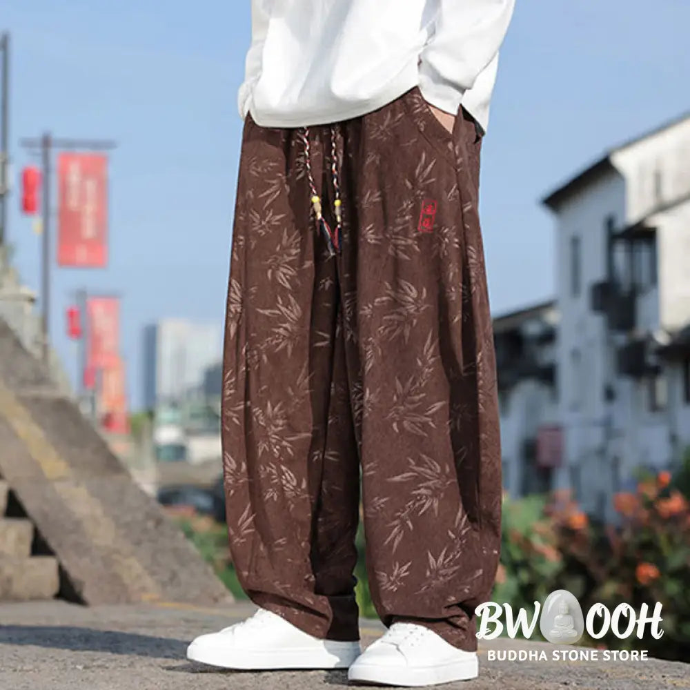 Buddha Stones Embroider Leaves Casual Cotton Men’s Pants With Pockets - Men’s Pants