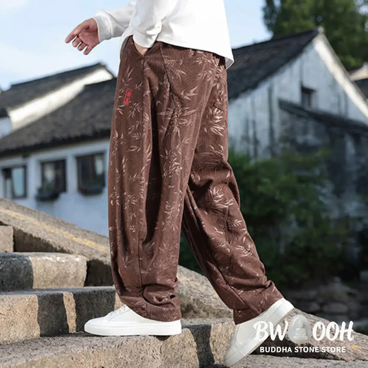 Buddha Stones Embroider Leaves Casual Cotton Men’s Pants With Pockets - Men’s Pants