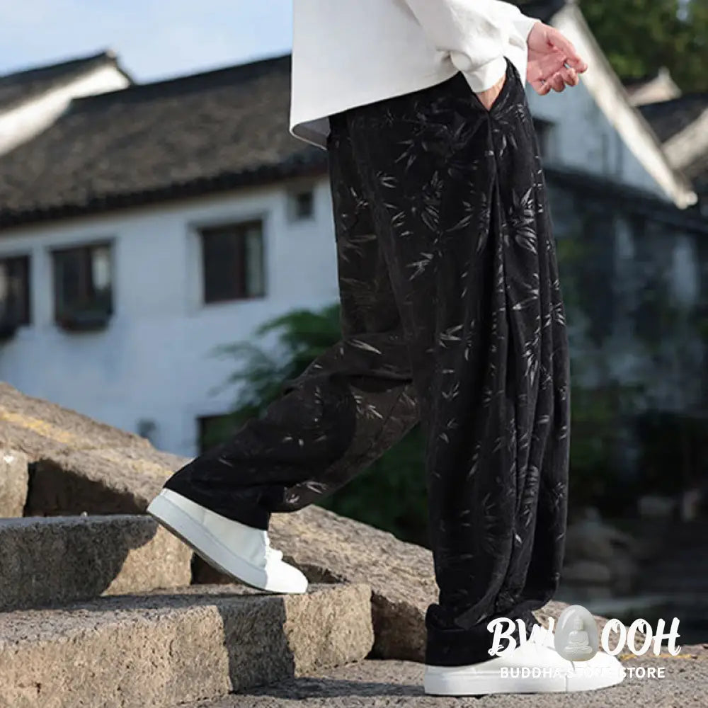 Buddha Stones Embroider Leaves Casual Cotton Men’s Pants With Pockets - Men’s Pants