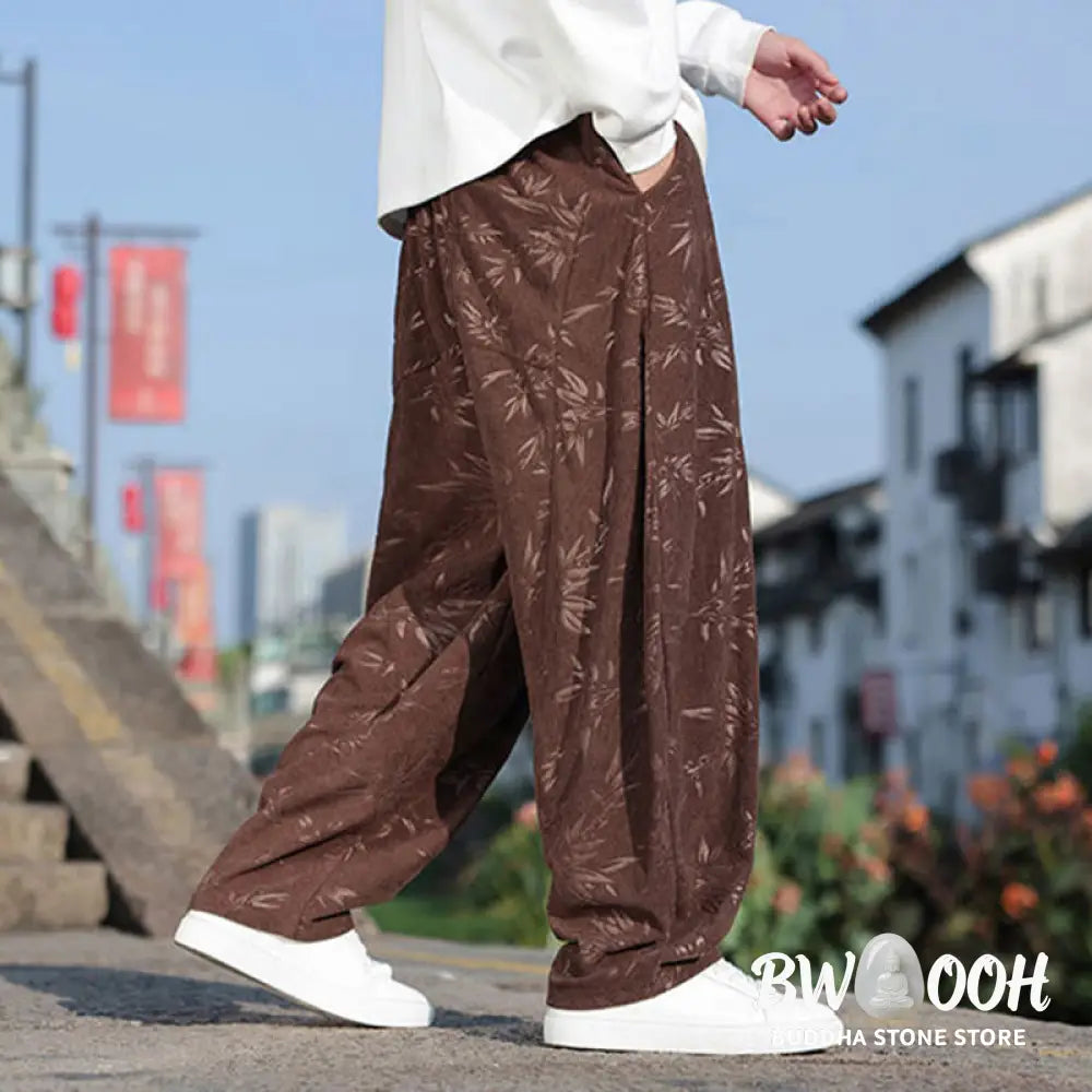 Buddha Stones Embroider Leaves Casual Cotton Men’s Pants With Pockets - Men’s Pants