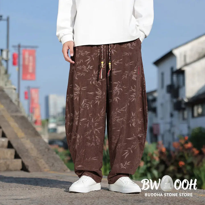 Buddha Stones Embroider Leaves Casual Cotton Men’s Pants With Pockets - Men’s Pants
