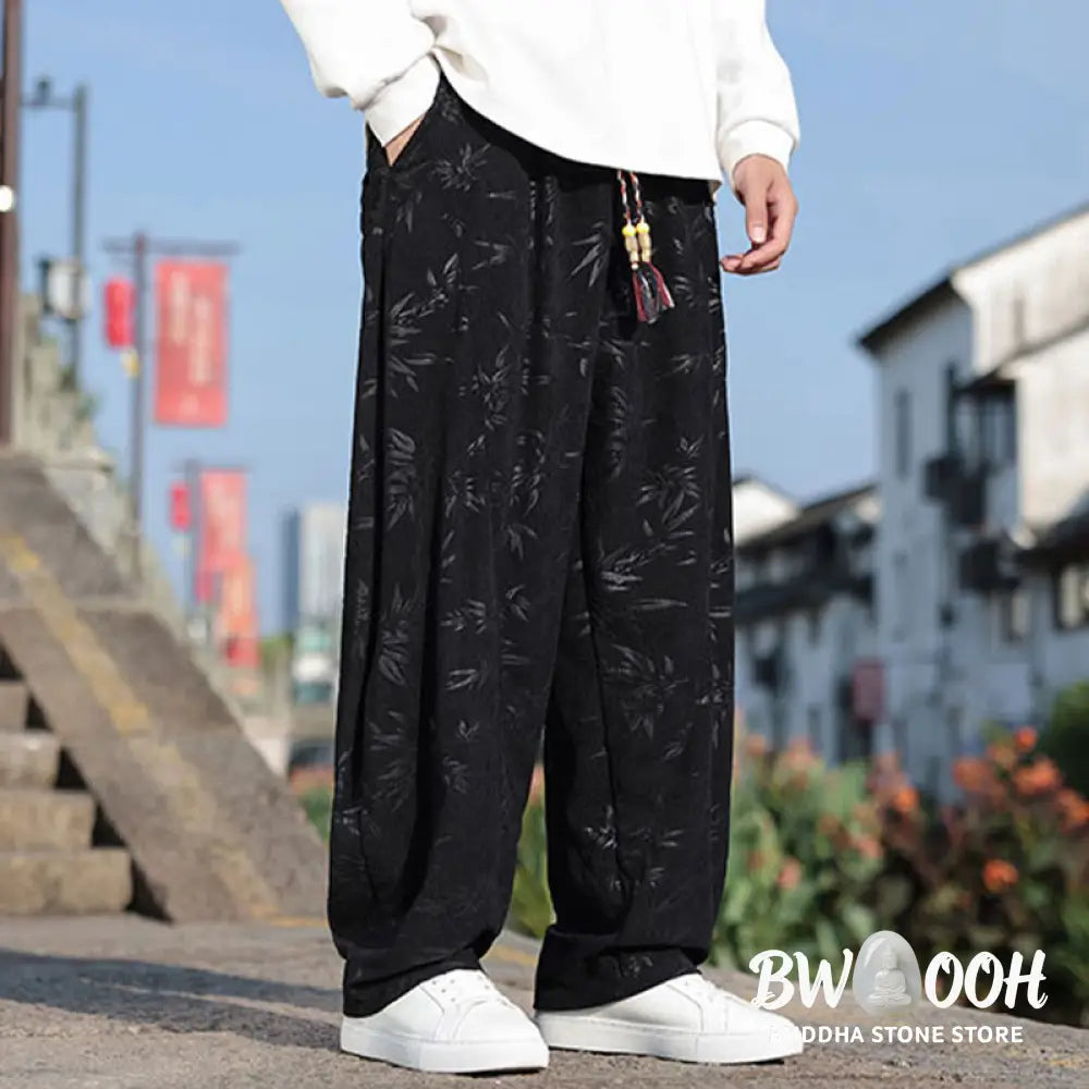 Buddha Stones Embroider Leaves Casual Cotton Men’s Pants With Pockets - Men’s Pants