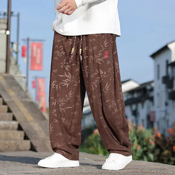 Buddha Stones Embroider Leaves Casual Cotton Men’s Pants With Pockets - SaddleBrown / US/UK/AU34，EU44 (M) - Men’s Pants
