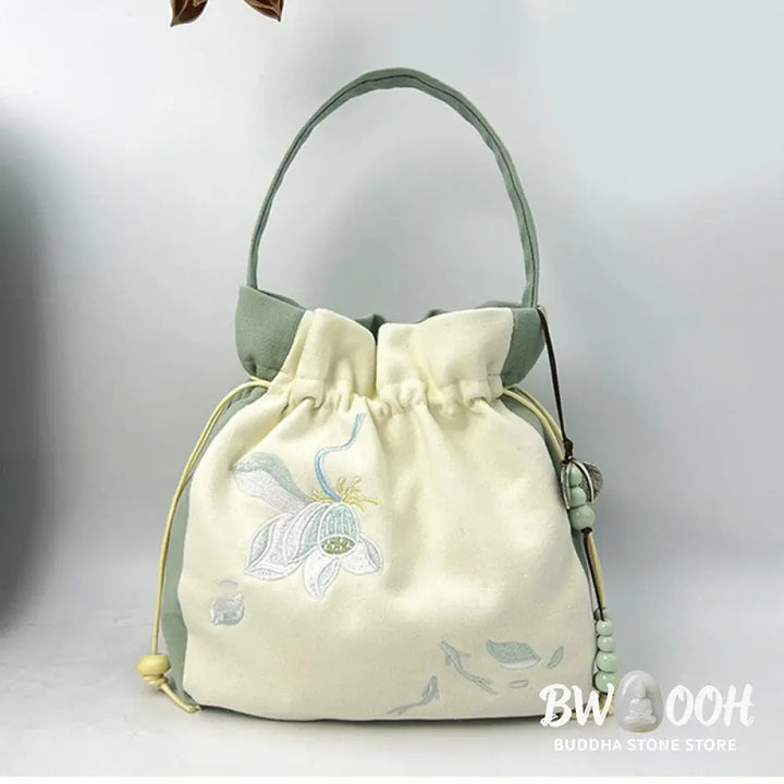 Buddha Stones Embroidered Butterfly Lotus Magnolia Cotton Linen Tote Crossbody Bag Shoulder Bag Handbag - Crossbody Bag