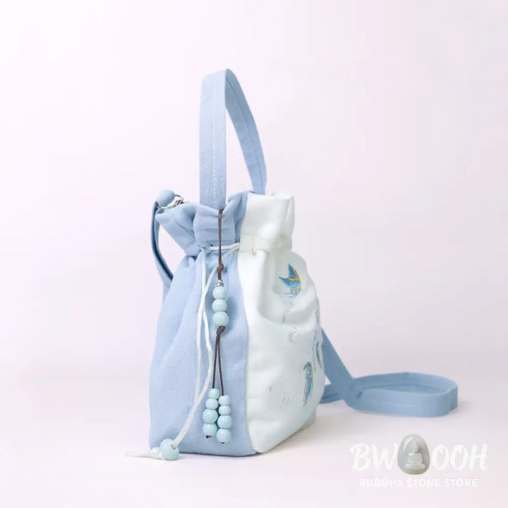 Buddha Stones Embroidered Butterfly Lotus Magnolia Cotton Linen Tote Crossbody Bag Shoulder Bag Handbag - Crossbody Bag