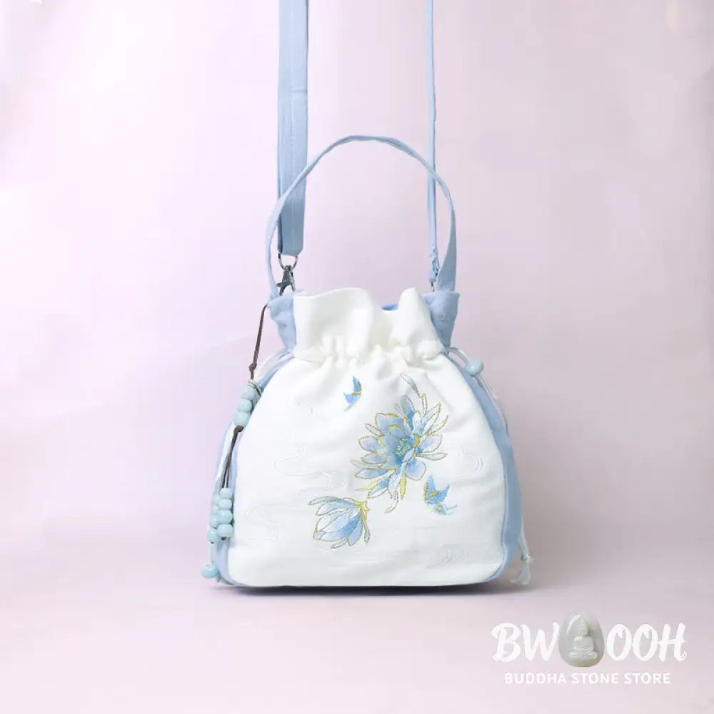 Buddha Stones Embroidered Butterfly Lotus Magnolia Cotton Linen Tote Crossbody Bag Shoulder Bag Handbag - Crossbody Bag