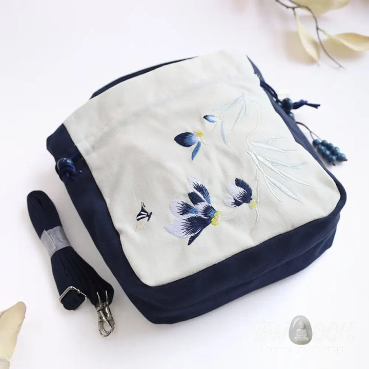 Buddha Stones Embroidered Butterfly Lotus Magnolia Cotton Linen Tote Crossbody Bag Shoulder Bag Handbag - Crossbody Bag