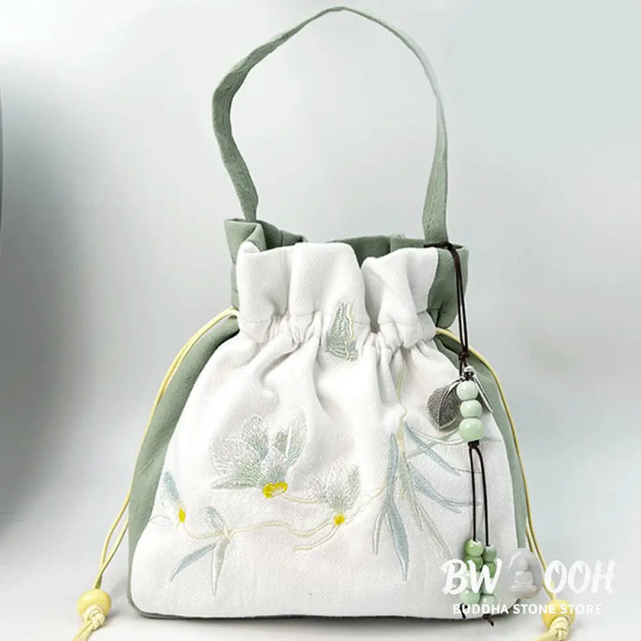 Buddha Stones Embroidered Butterfly Lotus Magnolia Cotton Linen Tote Crossbody Bag Shoulder Bag Handbag - Crossbody Bag