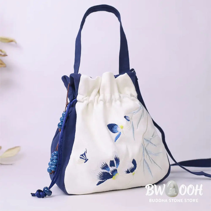 Buddha Stones Embroidered Butterfly Lotus Magnolia Cotton Linen Tote Crossbody Bag Shoulder Bag Handbag - Crossbody Bag