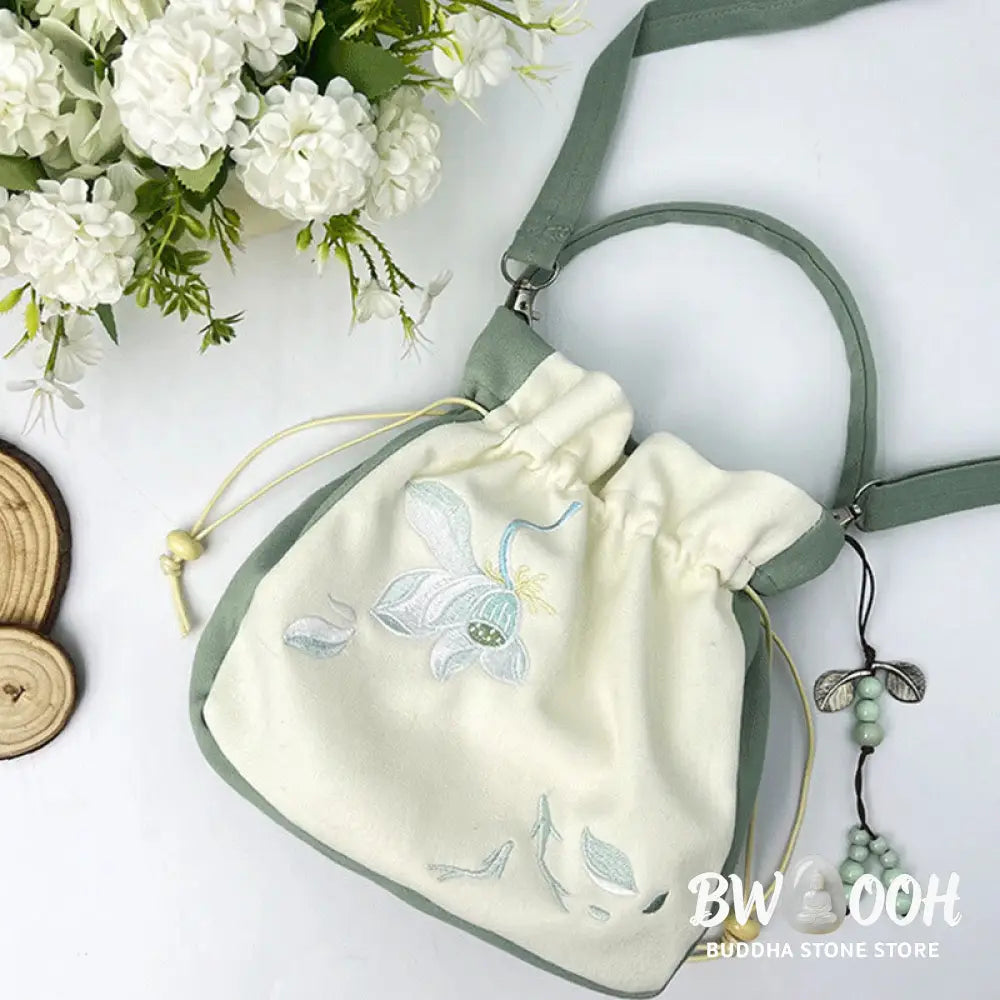 Buddha Stones Embroidered Butterfly Lotus Magnolia Cotton Linen Tote Crossbody Bag Shoulder Bag Handbag - Crossbody Bag