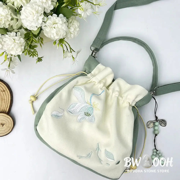 Buddha Stones Embroidered Butterfly Lotus Magnolia Cotton Linen Tote Crossbody Bag Shoulder Bag Handbag - Crossbody Bag