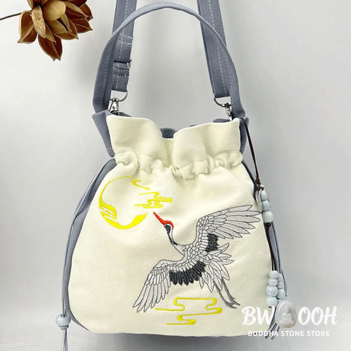 Buddha Stones Embroidered Butterfly Lotus Magnolia Cotton Linen Tote Crossbody Bag Shoulder Bag Handbag - Crossbody Bag