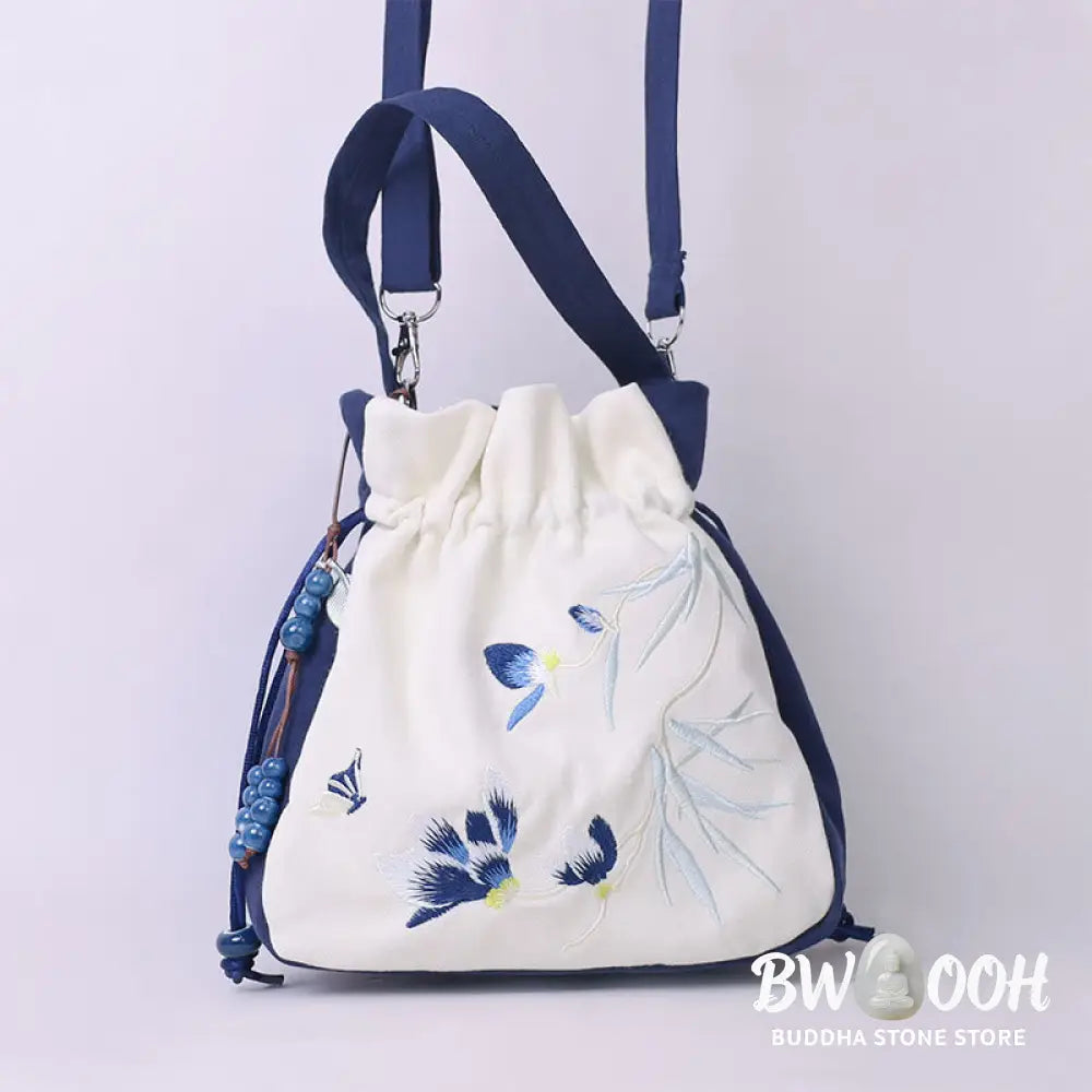 Buddha Stones Embroidered Butterfly Lotus Magnolia Cotton Linen Tote Crossbody Bag Shoulder Bag Handbag - Crossbody Bag
