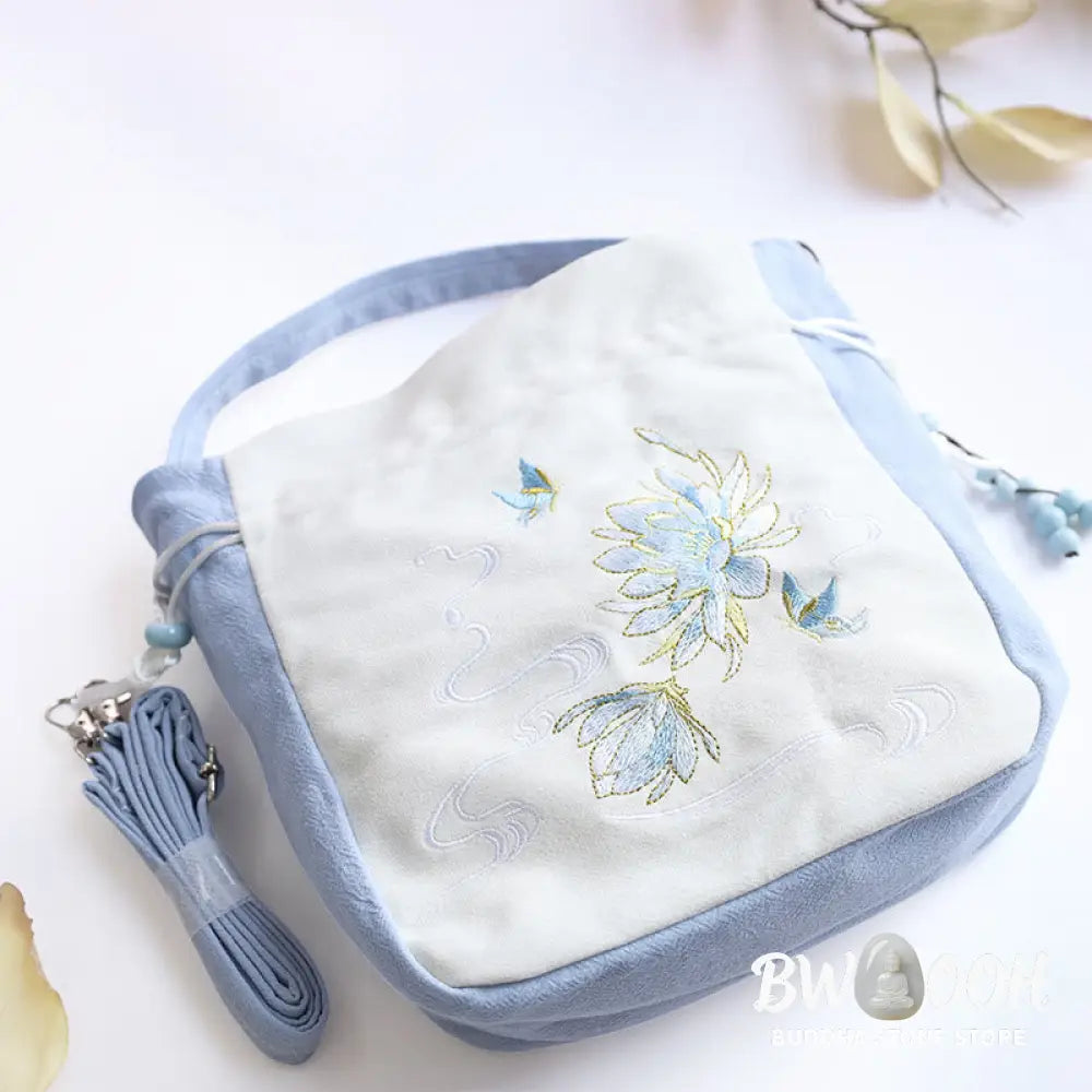 Buddha Stones Embroidered Butterfly Lotus Magnolia Cotton Linen Tote Crossbody Bag Shoulder Bag Handbag - Crossbody Bag