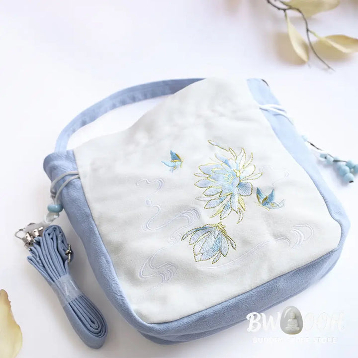 Buddha Stones Embroidered Butterfly Lotus Magnolia Cotton Linen Tote Crossbody Bag Shoulder Bag Handbag - Crossbody Bag
