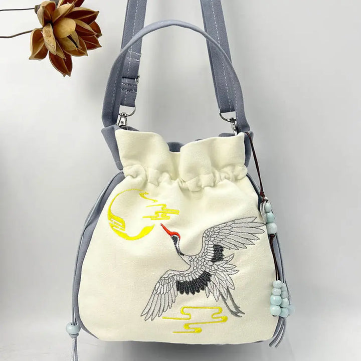 Buddha Stones Embroidered Butterfly Lotus Magnolia Cotton Linen Tote Crossbody Bag Shoulder Bag Handbag - Blue Beige