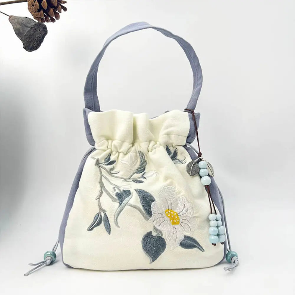 Buddha Stones Embroidered Butterfly Lotus Magnolia Cotton Linen Tote Crossbody Bag Shoulder Bag Handbag - Blue White