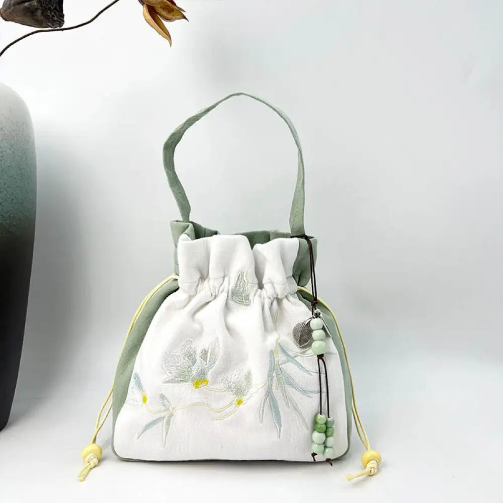 Buddha Stones Embroidered Butterfly Lotus Magnolia Cotton Linen Tote Crossbody Bag Shoulder Bag Handbag - Green