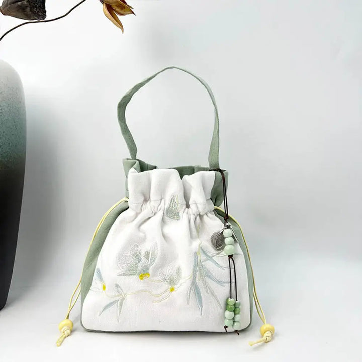 Buddha Stones Embroidered Butterfly Lotus Magnolia Cotton Linen Tote Crossbody Bag Shoulder Bag Handbag - Green