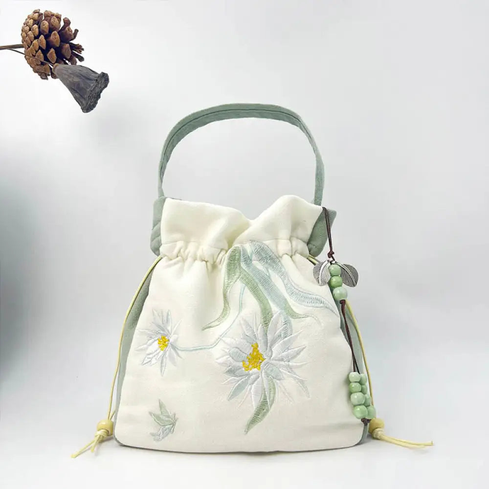 Buddha Stones Embroidered Butterfly Lotus Magnolia Cotton Linen Tote Crossbody Bag Shoulder Bag Handbag - Green