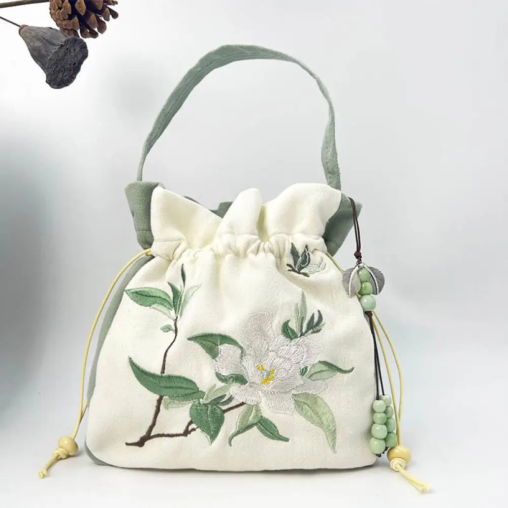 Buddha Stones Embroidered Butterfly Lotus Magnolia Cotton Linen Tote Crossbody Bag Shoulder Bag Handbag - Green
