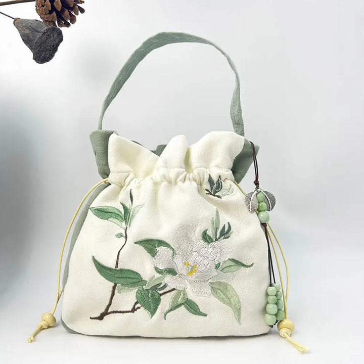 Buddha Stones Embroidered Butterfly Lotus Magnolia Cotton Linen Tote Crossbody Bag Shoulder Bag Handbag - Green