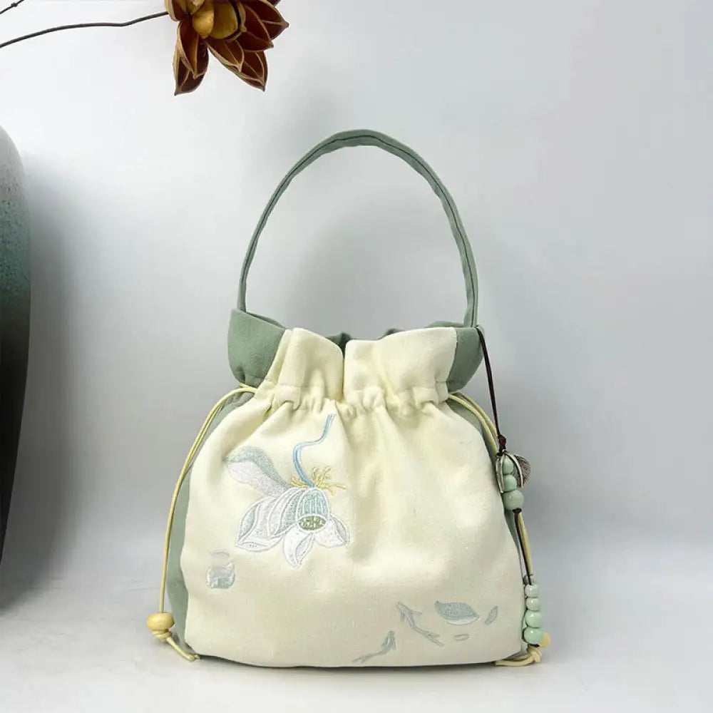 Buddha Stones Embroidered Butterfly Lotus Magnolia Cotton Linen Tote Crossbody Bag Shoulder Bag Handbag - Green Koi