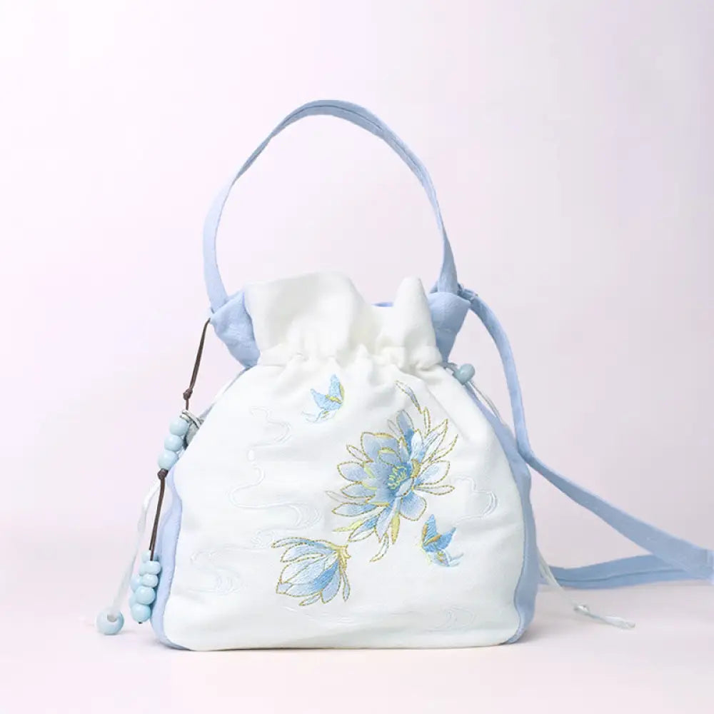 Buddha Stones Embroidered Butterfly Lotus Magnolia Cotton Linen Tote Crossbody Bag Shoulder Bag Handbag - Light Blue