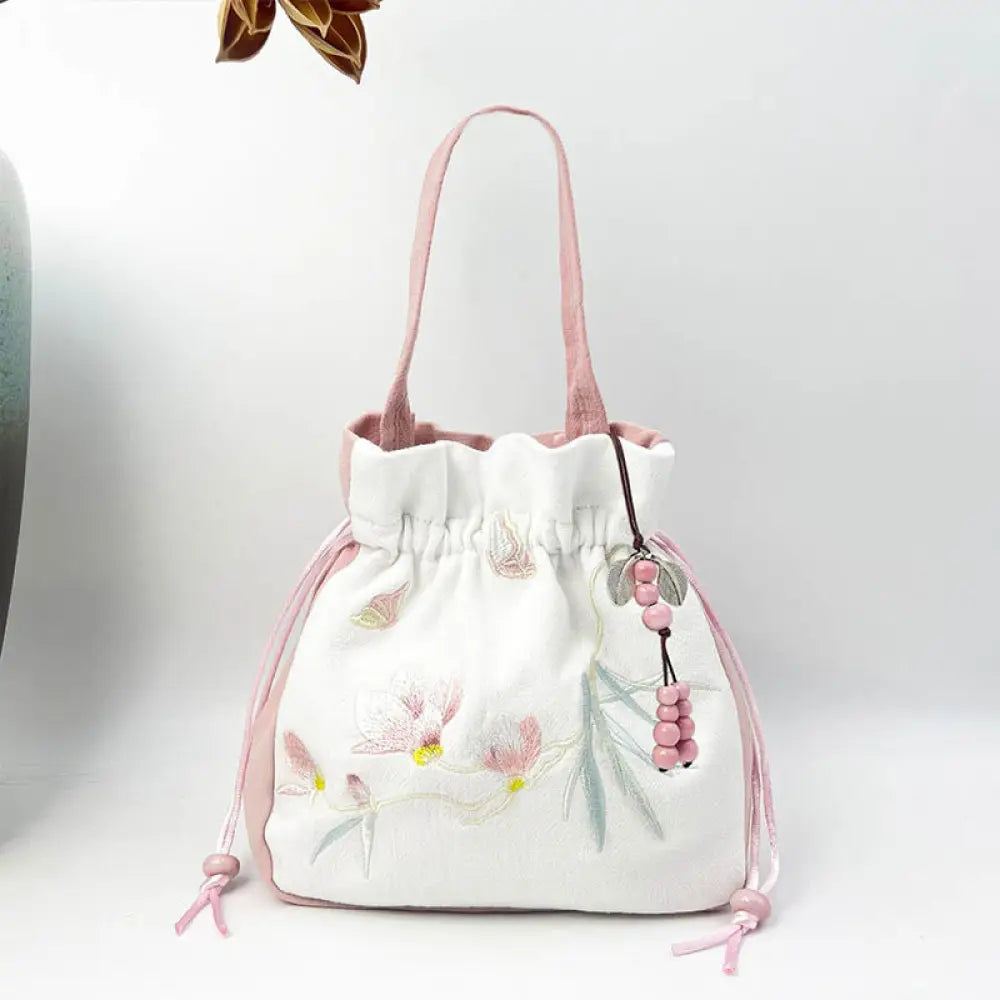 Buddha Stones Embroidered Butterfly Lotus Magnolia Cotton Linen Tote Crossbody Bag Shoulder Bag Handbag - Pink White