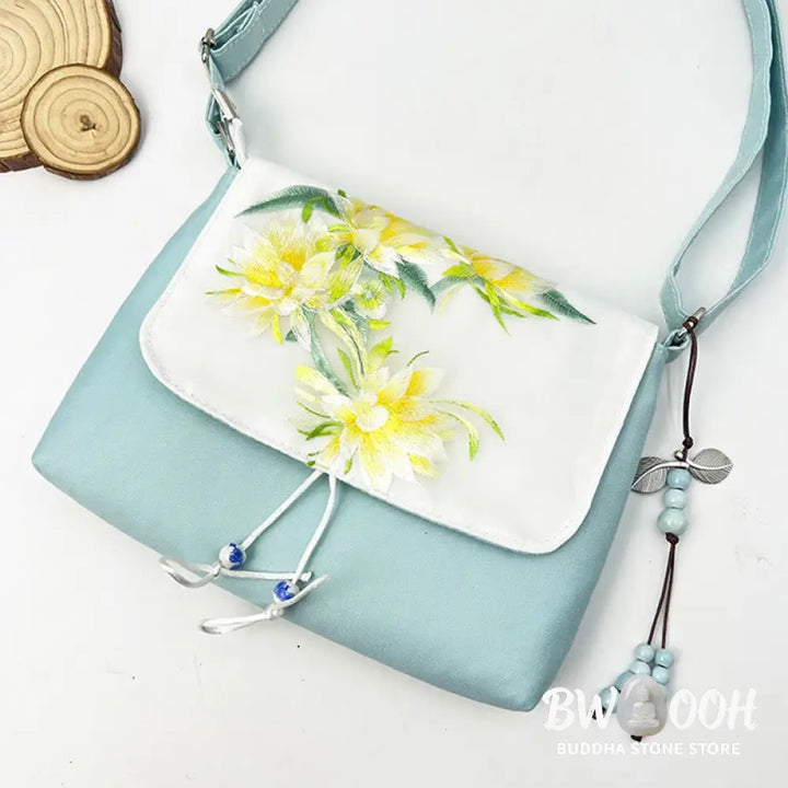 Buddha Stones Embroidered Camellia Epiphyllum Gardenia Sakura Flowers Crossbody Bag Shoulder Bag Cellphone Bag