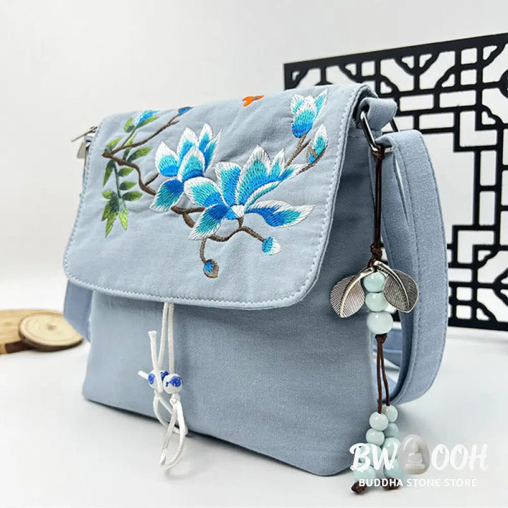 Buddha Stones Embroidered Camellia Epiphyllum Gardenia Sakura Flowers Crossbody Bag Shoulder Bag Cellphone Bag
