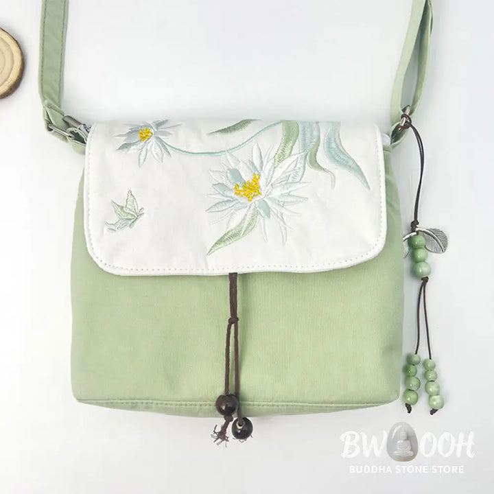 Buddha Stones Embroidered Camellia Epiphyllum Gardenia Sakura Flowers Crossbody Bag Shoulder Bag Cellphone Bag