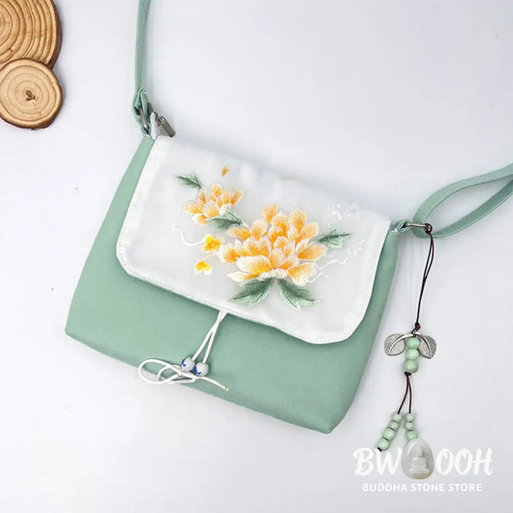 Buddha Stones Embroidered Camellia Epiphyllum Gardenia Sakura Flowers Crossbody Bag Shoulder Bag Cellphone Bag